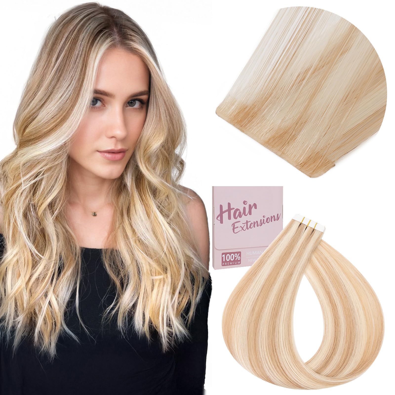 Elailite Injected Tape in Hair Extensions Human Hair - Invisible Skin Weft Remy Natural Real Hair Extension Straight 10 Pcs 20g - #27/613 Dark Blonde Mix Bleach Blonde - 12 Inch — image 1