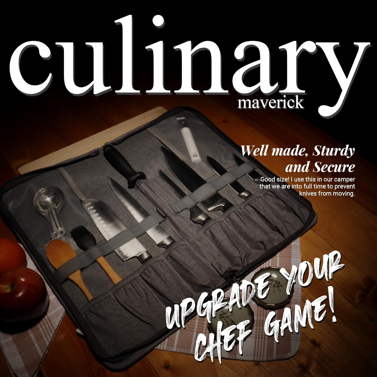 Chef Knife Bag Travel Folder Extended Knife Case | 8 Pockets for Knives, Kitchen Tools & Camp Accessories | Special Slot for Honing Rod | Durable Knife Holder for Chefs & Culinary Students (Grey): Kitchen & Dining