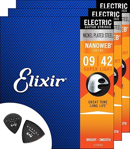 Amazon Co Jp Elixir エリクサー エレキ ギター 弦 3 セット スーパー ライト 009 042 ナノウェブ コーティング 弦 Musent ピック 2枚付 お試しセット 102 3p 楽器
