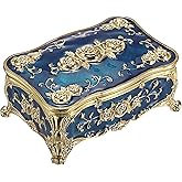 Hipiwe Metal Jewelry Box with Rose Pattern - Vintage Trinket Organizer Box Rectangular Keepsake Storage Box for Ring Earrings Necklaces Home Decor Gift for Women, Blue