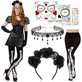 DPKOW Day of the Dead Costume Accessories Dia de los Muertos Headpiece SetA | Sugar Skull Face Tattoo Face Gems Day of the Dead Headband Black Rose Floral Crown Necklace Stockings Halloween Costume Women
