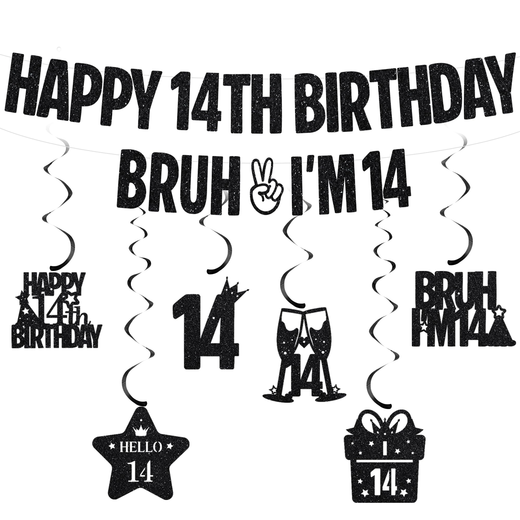 Happy 14th Birthday Banner Decorations - Glitter Bruh I’m 14 Banners with Hanging Swirls, Black Funny Birthday Party Supplies for Boys and Girls