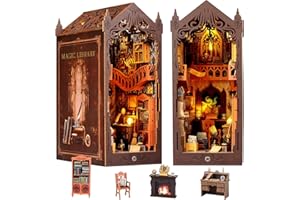 DIY Book Nook Kit: 3D Wooden Puzzle Shelf Insert with LED Light - Miniature Dollhouse Bookend Decor for Adults and Teens - Cr