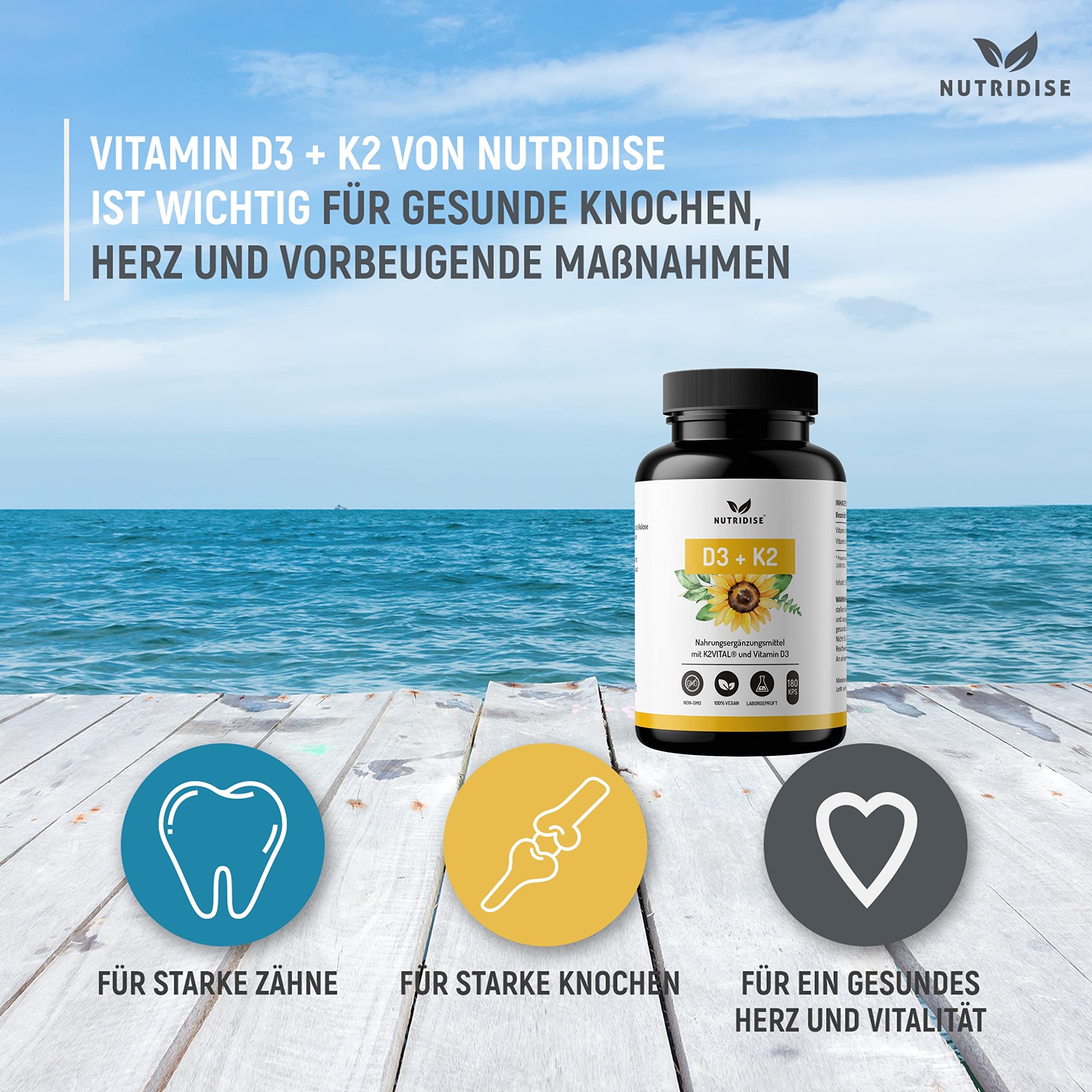 Nutridise Vitamin D3 + K2 Kapseln – 1000 IE D3 + 100 µg K2VITAL MK7 99,99% Trans-Form – optimales D3 / K2 Verhältnis - hochdosiert, laborgeprüft - 180 Kapseln 4