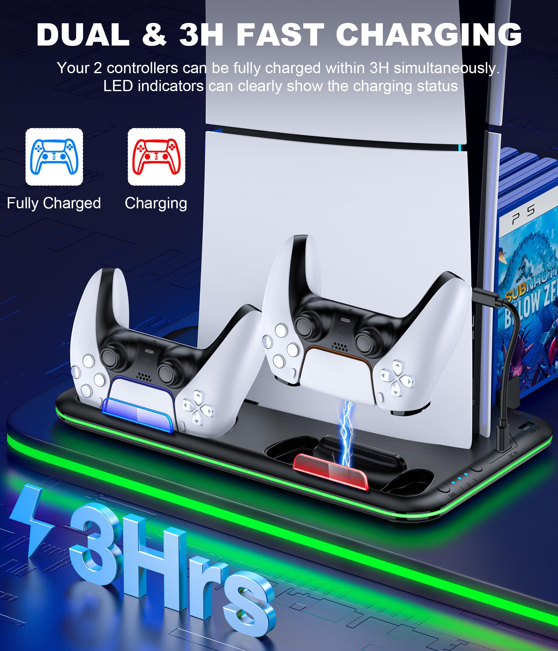 PS5/PS5 Slim Stand and Cooling Station with Controller Charging Station for Playsation 5, PS5 Accessories Kit Incl. 3 Levels Cooling Fan, LED, 15 Game Slot, Headset Holder for PS5 Digital/Disc Console