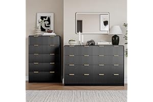 SINROM 2-Piece Bedroom Dresser Set, 10 Drawer Wide Dresser & 5 Drawer Tall Dressers, Fluted Dressers with Gold Handles, Chest of Drawers for Bedroom