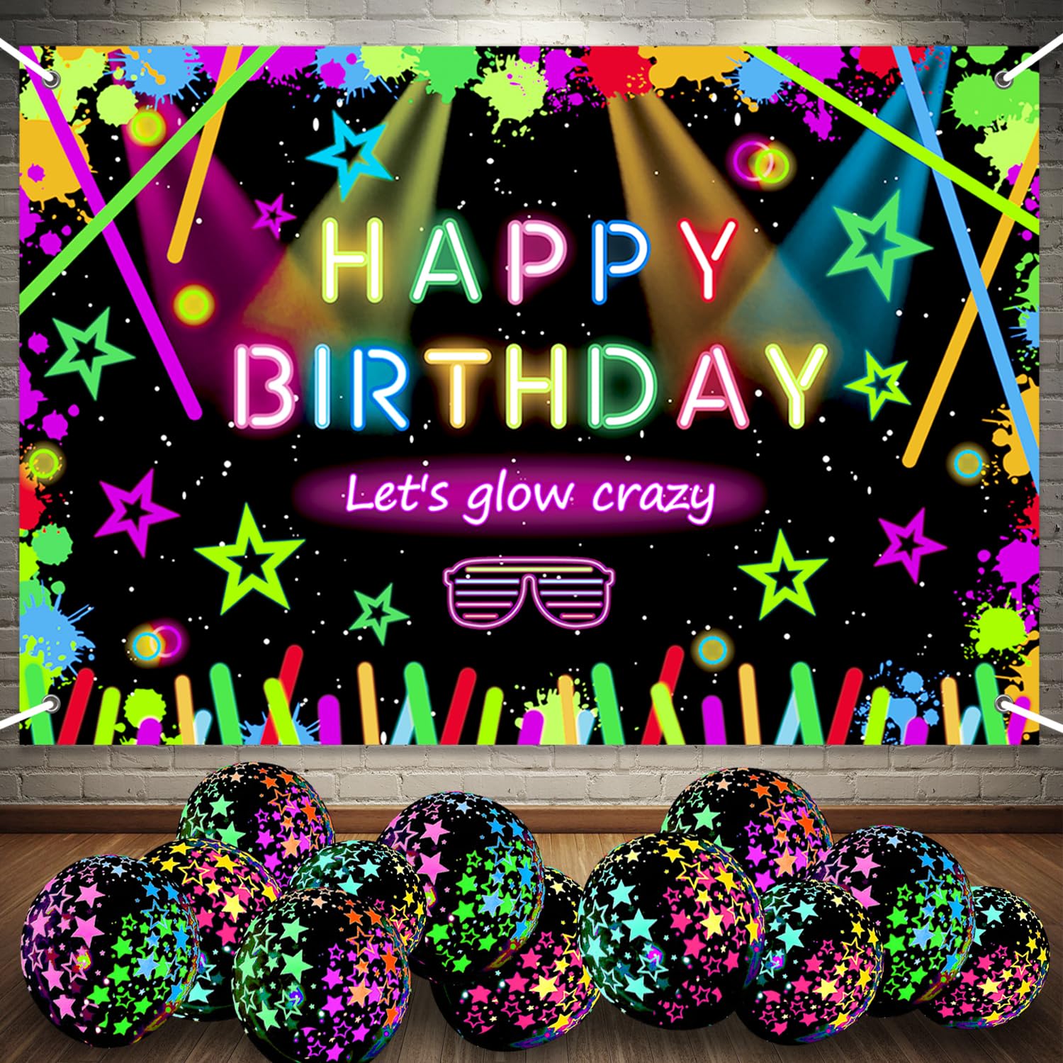 Photo 1 of Glow Neon Party Decorations Supplies Backdrop 5.9 x 3.6Ft Glow in The Dark Let's Glow Crazy Banner Glow Theme Birthday Background with 18 Balloons Sleppover Party Supplies Photography Photoshoot Props