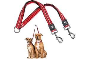 KRUZ PET Kruz Double Dog Leash for Two Dogs (Width - 5/8”, Length 14”-27”) Dual Leash Coupler with Tangle-Free Swivel, Shock-Absorbing Reflective Bungee for Comfortable Walking & Training (Red, Small)