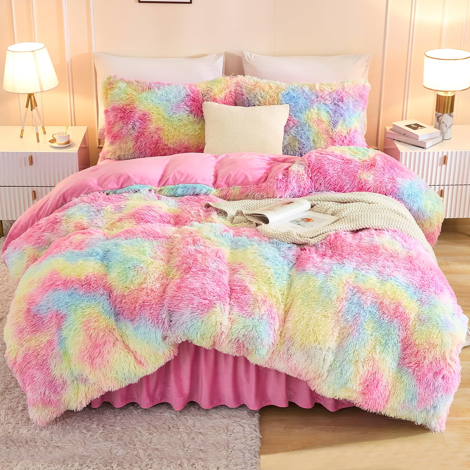 Andency Faux Fur Tie-Dyed Rainbow Comforter King Size, 3 Pieces Fluffy Fuzzy Plush Bedding Comforter Set (1 Shaggy Velvet Comforter & 2 Pillowcases), Soft Puffy Comfy Down Comforter Bedding Set