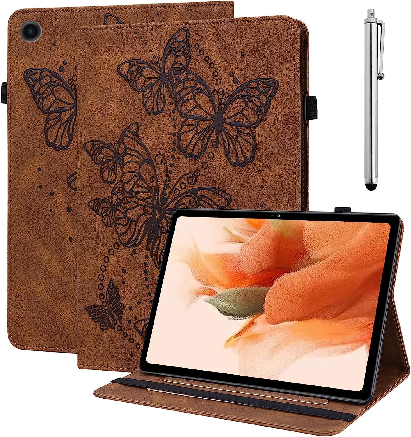 GLANDOTU Lenovo Tab M10 3rd Generation 2022 10.1 Inch Case, Fold Stand Function Cover, Butterfly Folio Flip PU Leather Tablet Case for Lenovo Tab M10 3rd Gen TB-328FU/TB-328XU(with Stylus pen)-Brown