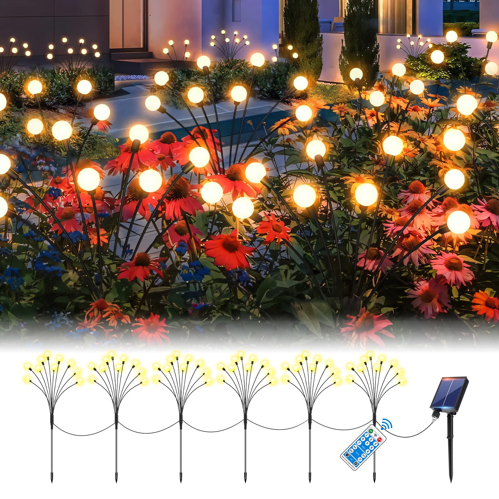 RJEDL Solar Firefly Lights, 60 LED Outdoor Swaying Lights with Remote, 8 Modes for Party Pathway Fence Yard Landscape Garden Ornaments
