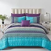 Cottolester Boho Comforter Set Queen Size 8 Piece Bed in a Bag Bohemian Striped Bedding Quilt Set Aqua Paisley Floral Comforter and Sheet Set,Soft Microfiber Complete Bedding Sets for All Season