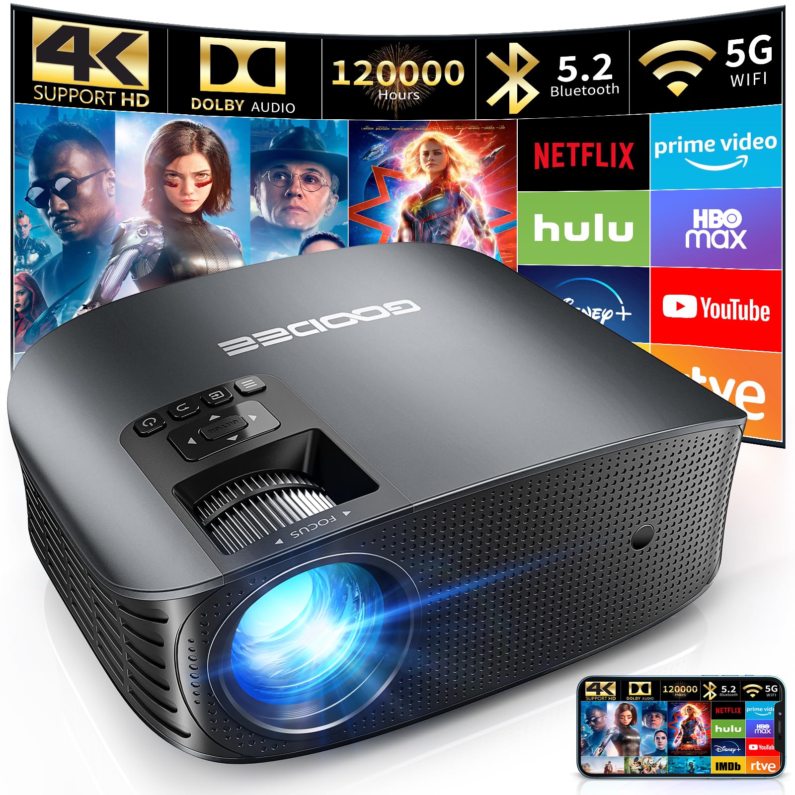 Photo 1 of GooDee Projector 4K With WiFi And Bluetooth Supported, FHD 1080P Mini Projector For Outdoor Moives, 5G Video Projector For Home Theater Dolby Audio Zoom Portable Projector TV Stick PPT (YG600 Plus)