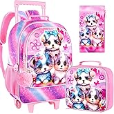 gxtvo Rolling Backpack for Girls, Cute Dog Roller Wheels Kids Bookbag - Wheeled Elementary School Bag - 3PCS Dog