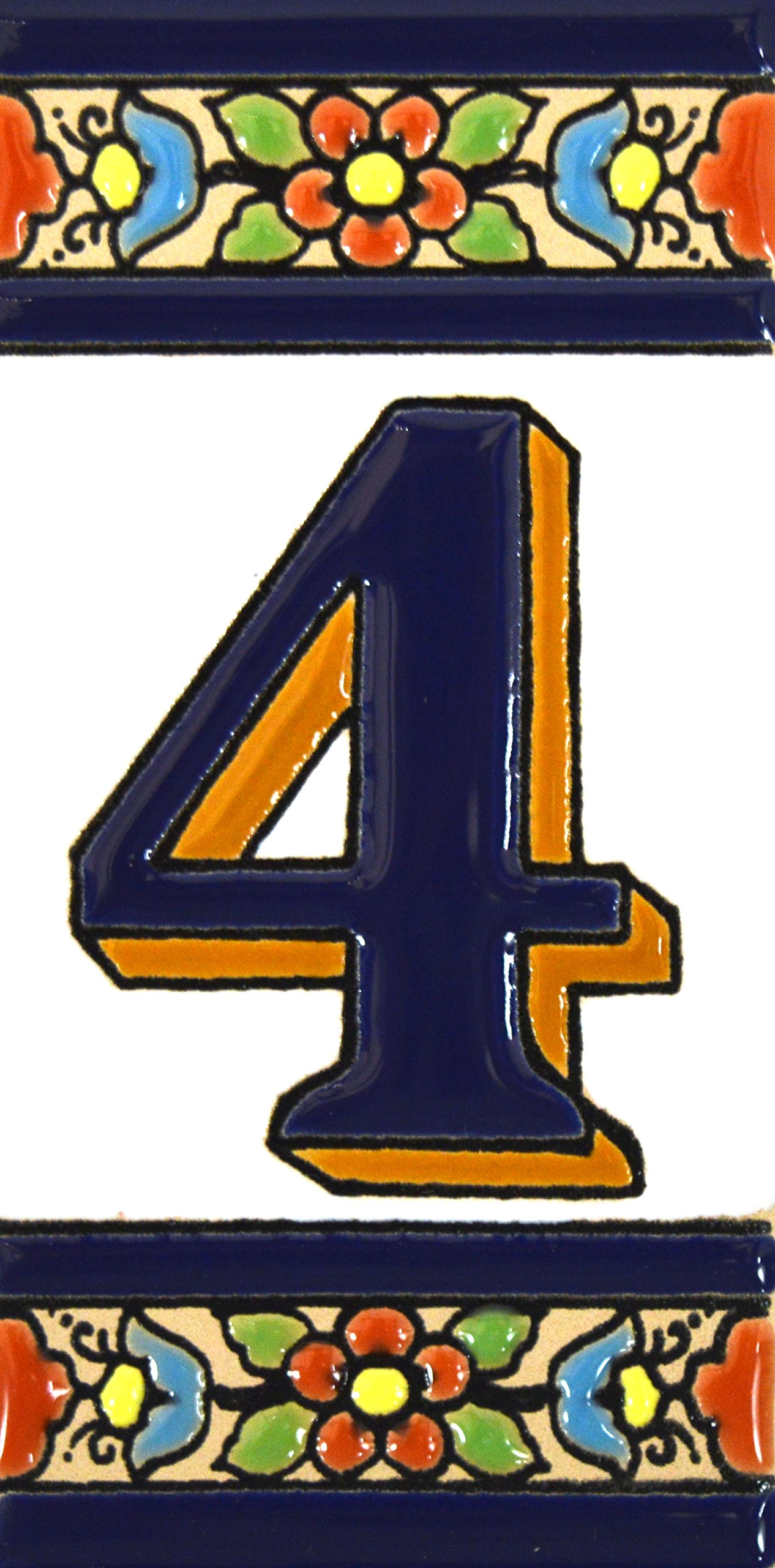 House numbers 4 inch. Handpainted house number tiles for signs, addresses and names. Address numbers for houses. House address numbers and letters. Design FLORES MEDIANO 4,29" x 2,13" (NUMBER 4) — image 1
