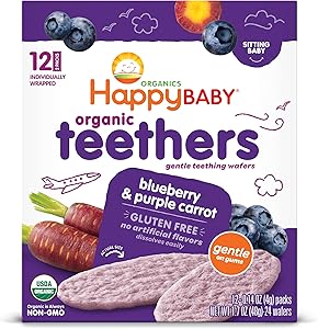 Happy Baby Gentle Teethers Organic Teething Wafers Blueberry Purple Carrot, 0.14 Ounce Packets (Box of 12) Soothing Rice Cook
