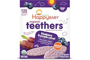 HAPPY FAMILY Happy Baby Gentle Teethers Organic Teething Wafers Blueberry Purple Carrot, 0.14 Ounce Packets (Box of 12) Soothing Rice Cookies for Teething Babies Dissolves Easily, Gluten Free No Artificial Flavor