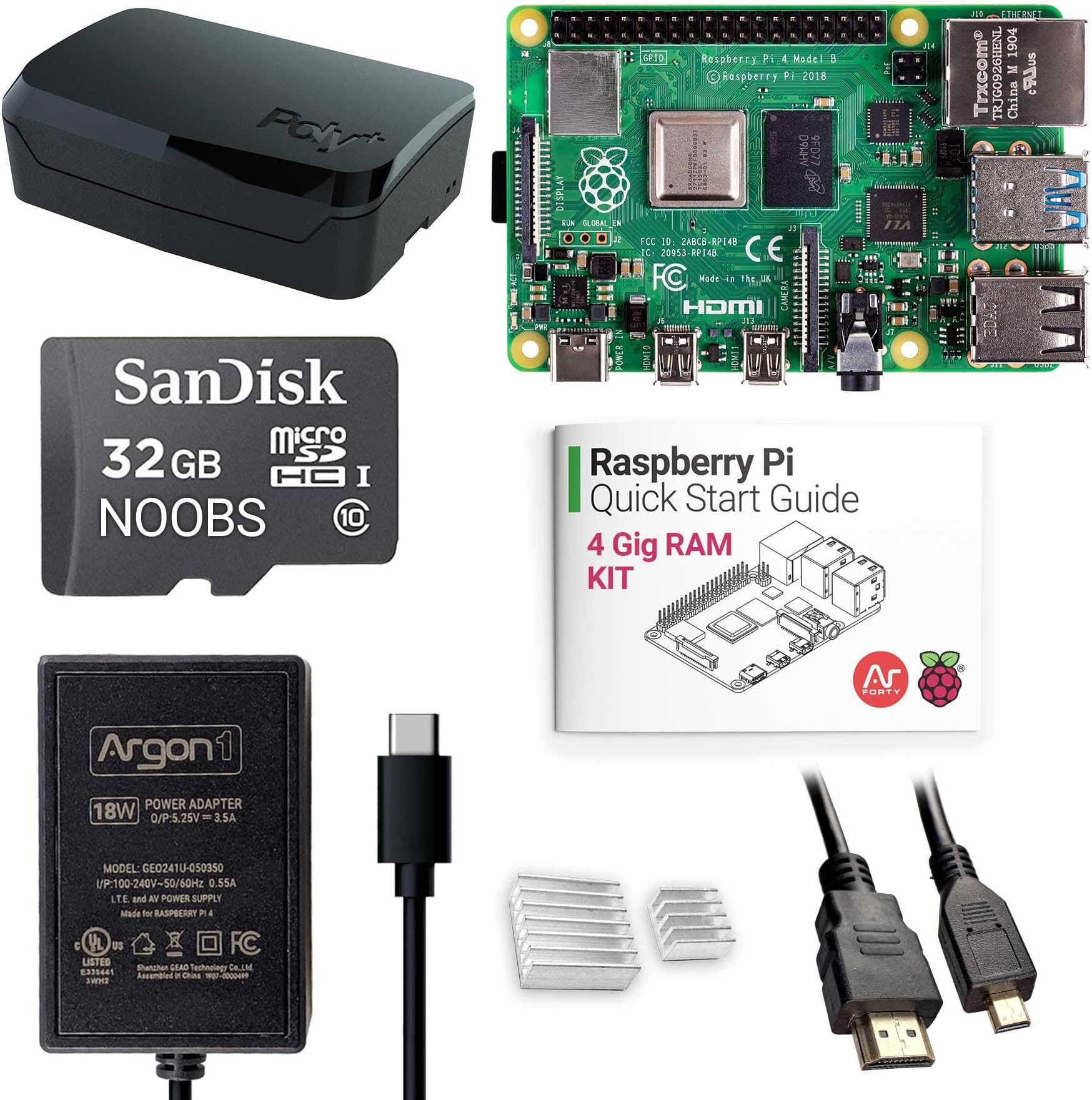 Argon x Raspberry Pi 4 (4 Gig) Kit | Barebones with Raspberry Pi 4 Case | Pre-Installed Noobs | Includes Micro HDMI to HDMI Cable, Type-C Power Supply, Quick Start Guide for Raspberry Pi 4