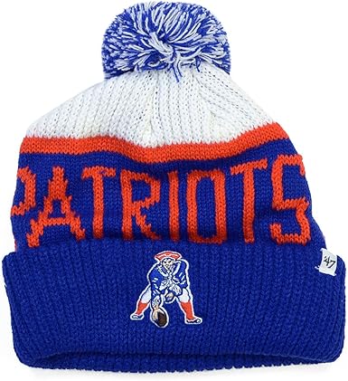 Amazon Com 47 Brand Calgary Knit Hat With Pom Osfm New England Patriots Throwback White Blue Clothing
