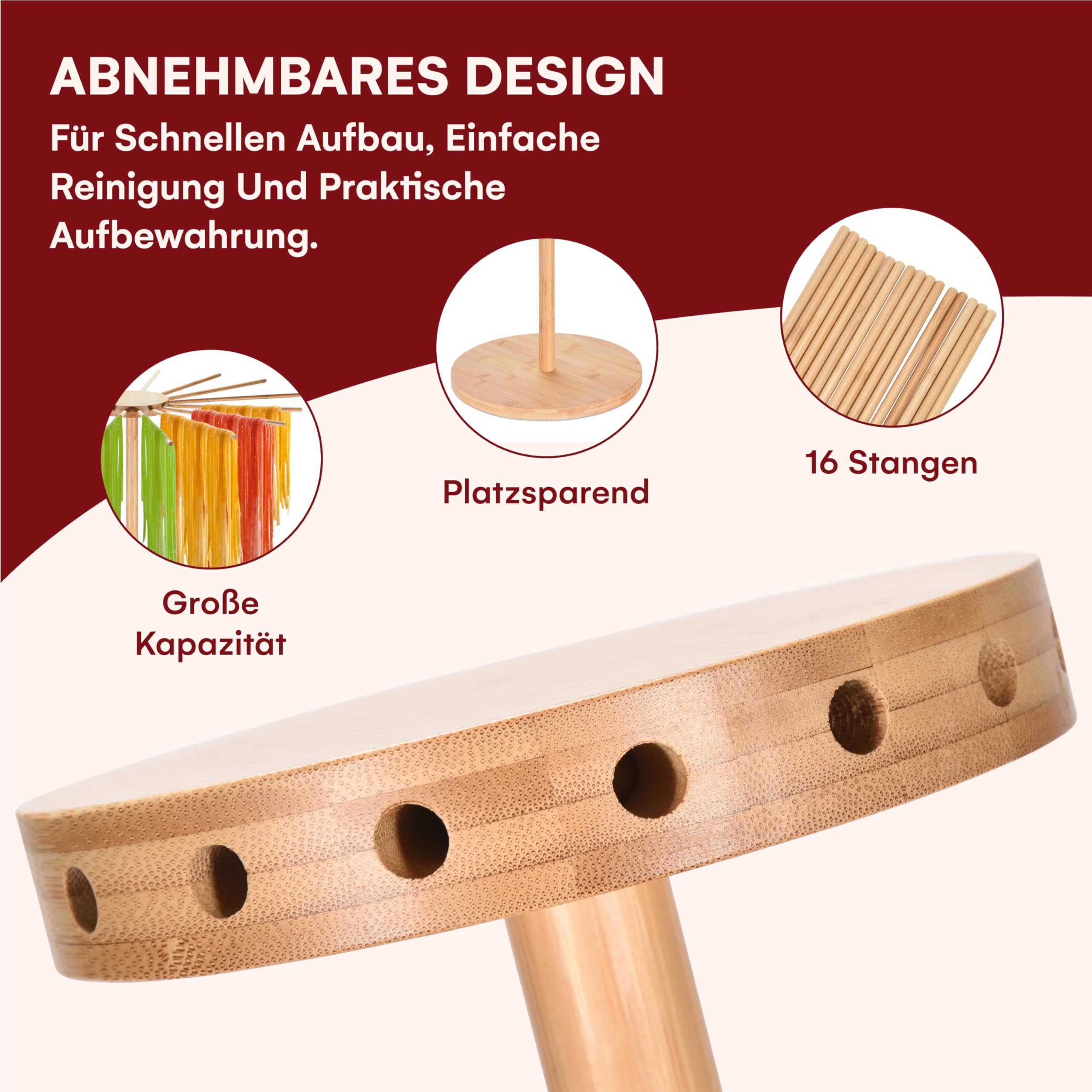 KITCHTIC Pasta Trockner – Große Größe, 16 Stangen – Faltbarer Nudelständer aus Holz – Verstellbare Arme – Ideal für Spaghetti, Tagliatelle, Fettuccine – Naturfarbe 5