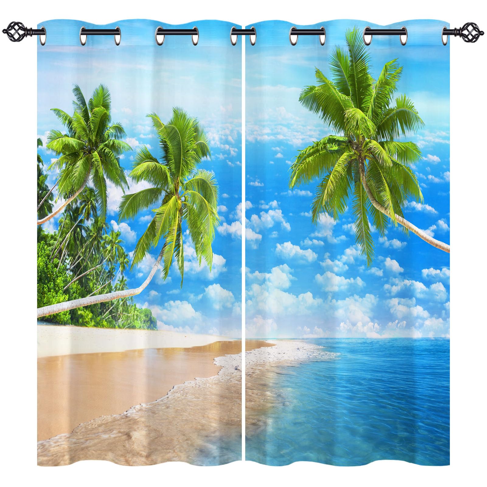 ANHOPE Beach Curtains Eyelet Ring Top Soft Thermal Insulated Blackout Curtains Tropical Ocean Beach Palm Tree Print Pattern Decorative Window Drapes for Bedroom Living Room 46 x 54 Drop Inch 2 Panels