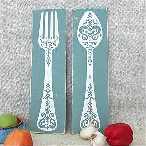 CELYCASY Spoon Fork and EAT Rustic Painted Wood Signs | Kitchen Wall Decor | Dining Room Decor | Large Fork and Spoon Wall Art
