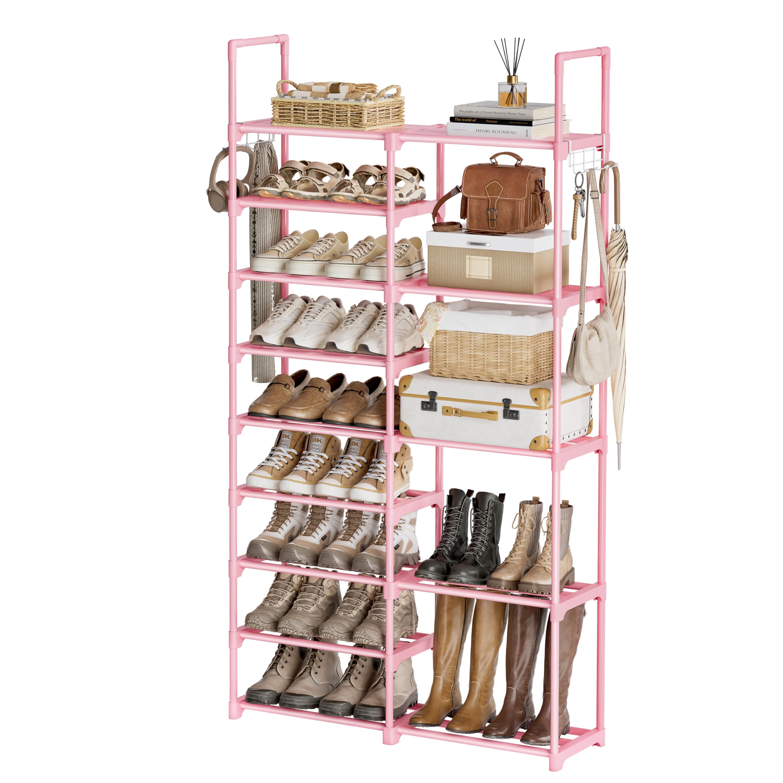 WOWLIVE 9 Tiers Large Shoe Rack White Shoe Rack Organizer for Closet 50-55 Pairs Stackable Heavy Duty Shoe Shelf Shoe Storage with Metal Pipes Plastic Pink