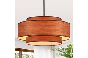 YOMECOO Farmhouse 19.7" Drum Wooden Chandelier Vintage 4-Lights Modern Chandelier with Wood Finish Linen Shade Retro Drum Chandeliers for Dining Room, Kitchen Island, Living Room, Bedroom