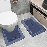 Schweek 2Pcs Absorbent Bath Mat Rug Sets, Non-Slip Quick Dry Toilet Mat U Shaped Rubber Backed Bath Mat Rug for Tub, Shower and Bath Room, Blue