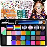 Face Painting Kit for Kids with 24Colors, Rainbow Cakes, Stencils, Gem Stickers, Glitter, Brushes, Temporary Tattoos – Non-Toxic Washable Face Paint for Halloween, Birthday Party, School Events