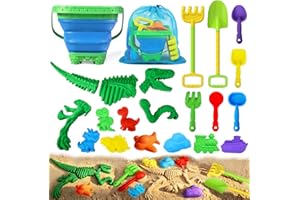 Beach Toys, Sandbox Toys 22Pcs Kids Sand Play Set, Dinosaur Molds with Shovels, Rakes & Collapsible Buckets, Soft Plastic Sum