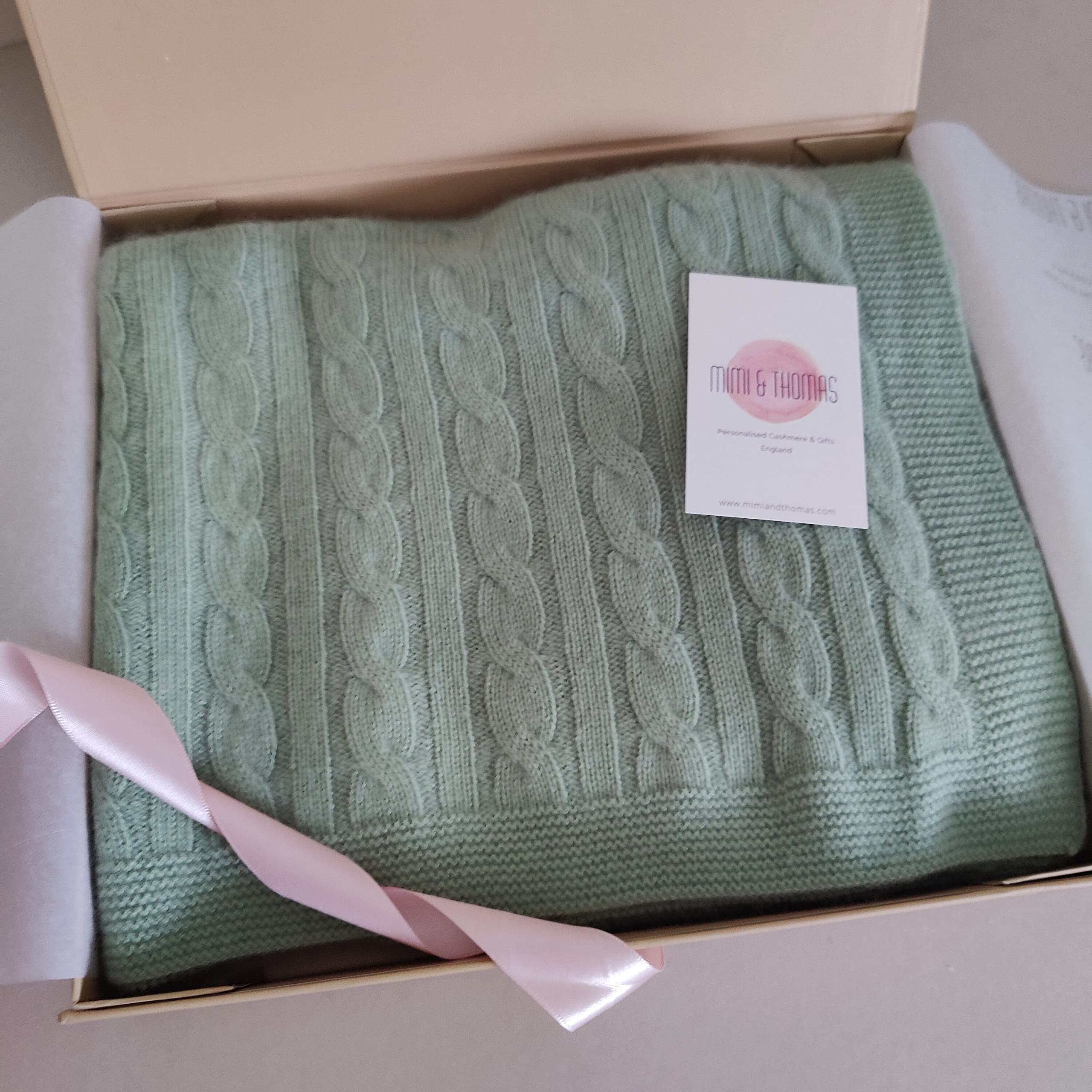 Mimi & Thomas Pure 100% Cashmere Cable Knit Unisex Knitted Baby Blanket in Gift Box (Sage Green) โ image 1