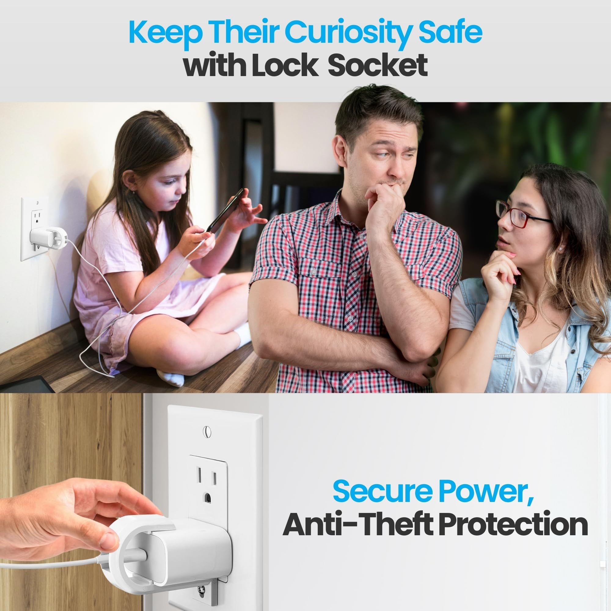 Lock Socket USB-C Fast Charger Lock- Anti Theft Chid-Safe. Firmly Secures iPhone Chargers from Unplugging w/Security Screw. for Apple iPhone 16/15/14/13/12/11/ X/MAX/XR, Made in USA