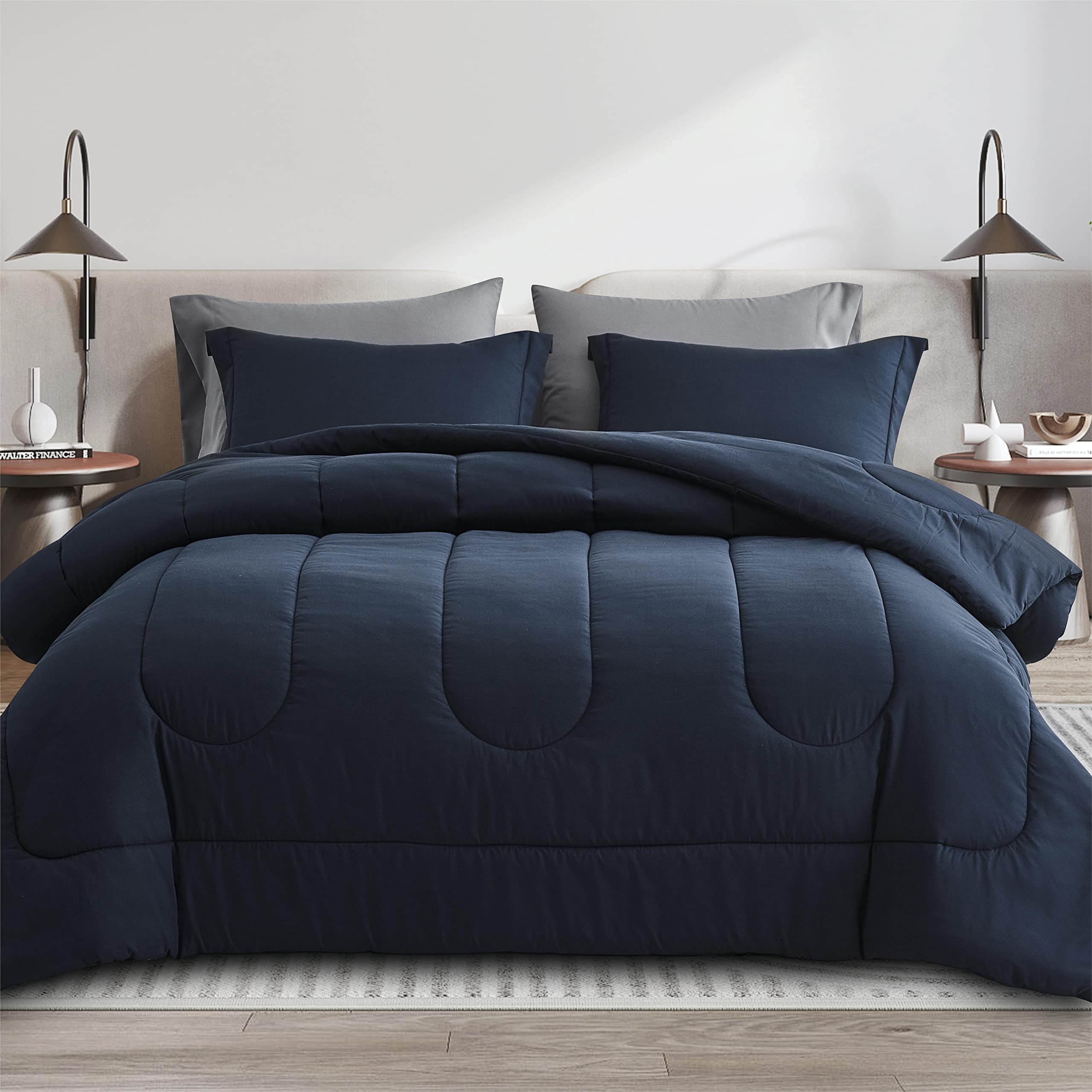 Maple&Stone King Size Comforter Set 7 Pieces Bed in a Bag - Down Alternative Bed Set with Sheets,Pillowcases & Shams, Soft Reversible Duvet Insert for King Bed,Navy & Dark Grey Image