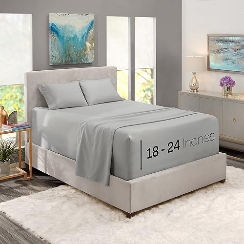 Nestl Queen Size Sheet Set, 4 Piece Extra Deep Pocket (18-24 inches), Microfiber, Cooling, Hotel Luxury, Soft, Breathable, Wrinkle-Free, Easy to Care, Light Grey