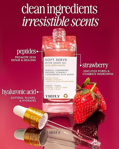 TRULY BEAUTY SOFT SERVE AFTER SHAVE OIL | HYDRATING TREATMENT FOR INGROWNS & IRRITATION | PEPTIDES, HYALURONIC ACID & STRAWBERRY EXTRACT | SOOTHES & SMOOTHS SKIN | STRAWBERRY VANILLA SCENT (3.1 FL OZ)