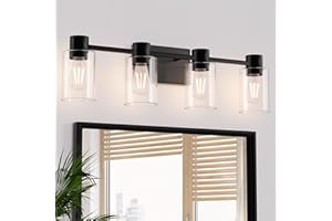 Esfos 4-Light Modern Vanity Light Fixtures Over Mirror, Matte Black Bathroom Light Fixtures, Vanity Lights, Wall Sconce with Clear Glass Shade for Bathroom, E26 Base