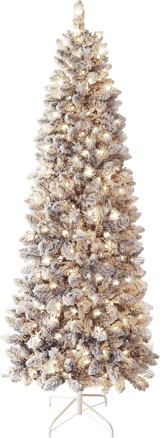 Trees - MUPATER Pencil Christmas Tree 6ft, Pre-lit Slim Artificial Skinny Holiday Christmas Tree with Metal Stand, Flocked Snow, Warm White Lights Home Decoration for Office, Party (Snow White)