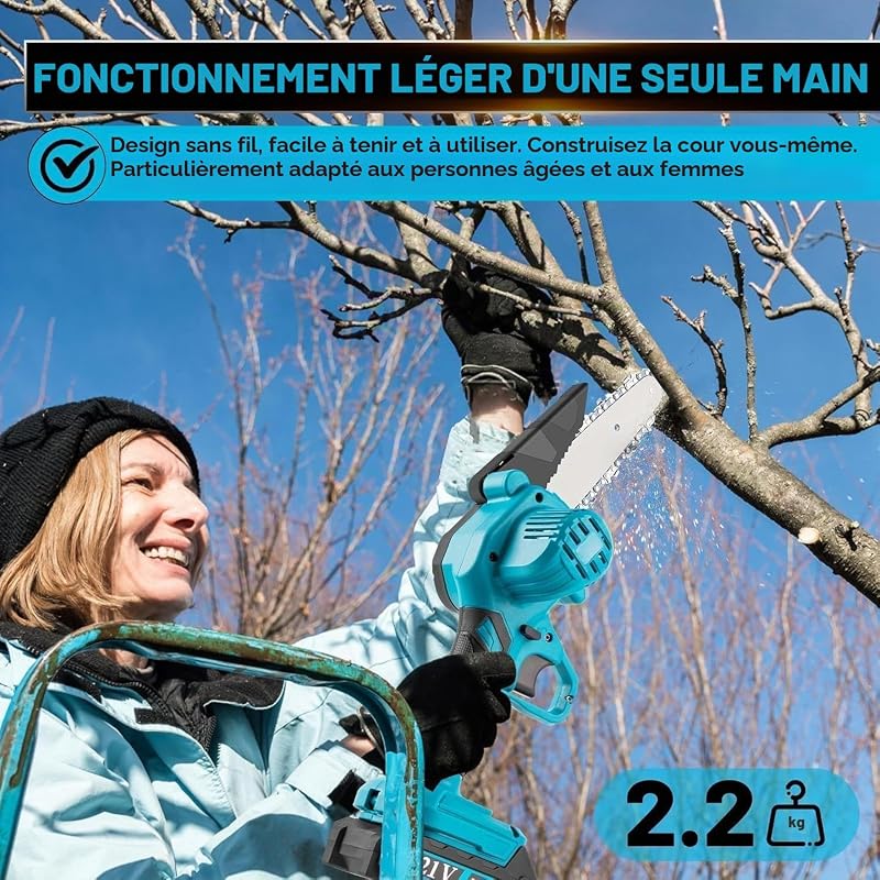 Mini Tronçonneuse à Batterie, 1000W Moteur Brushless, 6 Pouces Tronçonneuse Électrique Sans Fil avec 4000mAh Batteries de Grande Capacité, 2 Chaînes et Verrou de Sécurité pour Coupe de Bois et Jardin