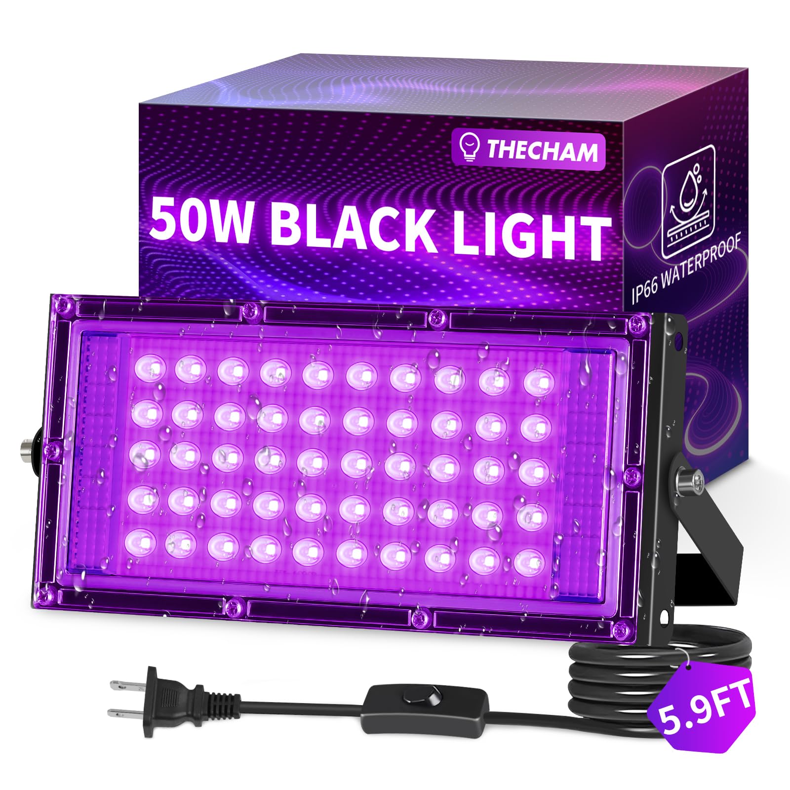 Photo 1 of THECHAM 50W LED Black Lights IP66 Waterproof Black Light Outdoor with 5.9ft Plug+Switch,Flood Blacklight for Halloween Glow in The Dark Party Stage Light Neon Glow Birthday 1 Pack