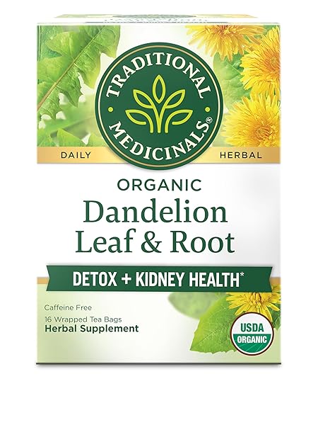 TRADITIONAL MEDICINALS ORGANIC, DANDELION LEAF & ROOT – DANDELION ROOT TEA, SUPPORTS NORMAL DETOX + DIGESTION – KOSHER, NON-GMO, CAFFEINE-FREE, COMPOSTABLE – 16 TEA BAGS