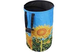 Flora Guard 32 Gallon Leaf Collector Bags Holder Collapsible, Heavy Duty Oxford Canvas Lawn Yard Garden Waste Bags, Pop Up Self-Standing Reusable Trash Can for Home Camping, Durable, Sun Flower Print