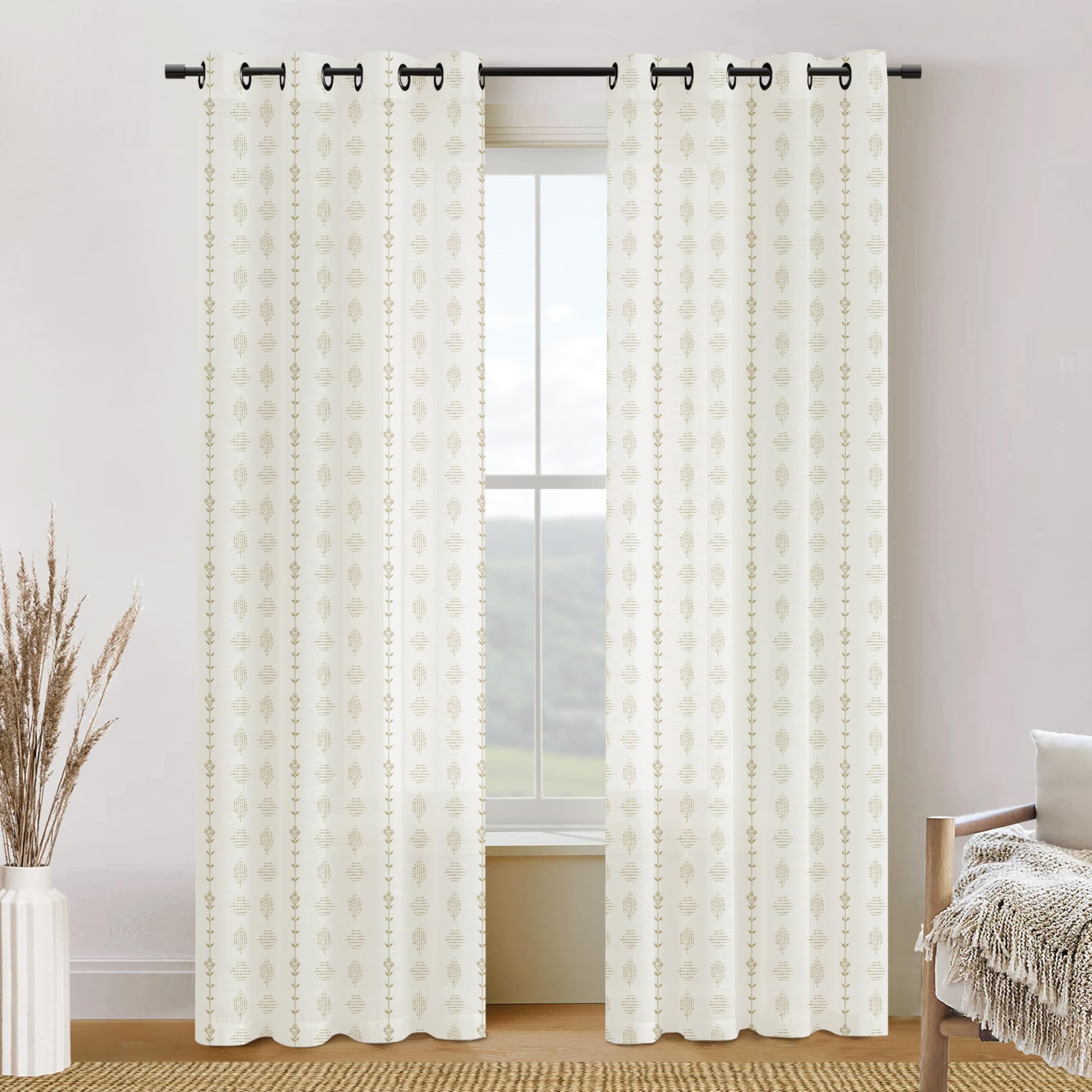 Photo 1 of Patterned Linen Sheer Curtains 96 Inch Long 2 Panel Set, Floor to Ceiling Grommet Boho Farmhouse Beige Floral Pattern Cottage Core Curtains for Living Room Bedroom