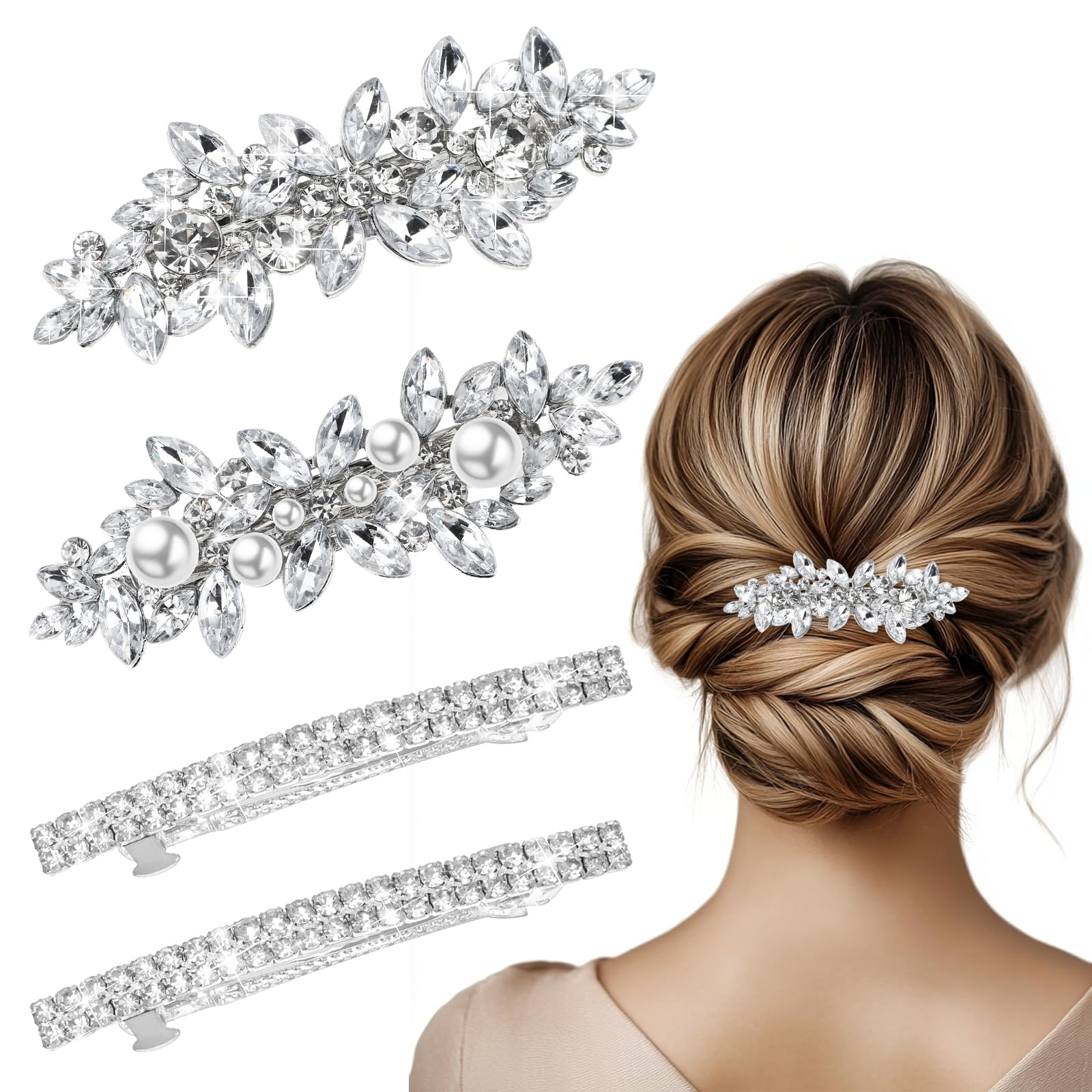 Ouligay 4 Pcs Rhinestone Hair Clips,Crystal Barrettes for Women,Fancy Hair Clip,Hair Accessories for Women Wedding,Pearl Decorative Hair Clips for Daily Party Prom(Silver)