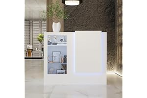 WOODTIME Reception Desk with Counter, Colored LED Light, Glass Front & Open Shelves, Retail Counter with Adjustable Glass Shelves, Checkout Front Desk for Office Clinic Lobby Salon, White