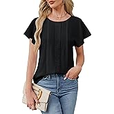 Blooming Jelly Womens Dressy Casual Tops White Summer Blouses Ruffle Sleeve Pleated Flowy Shirt Work Top