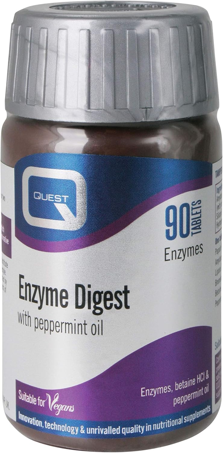 Quest Enzyme Digest with Peppermint Oil & Betaine. 90 Vegan Tablets for Bloated Stomach and Indigestion. Dairy and Gluten Free Enzymes Digestion Supplement for Bloating and Heartburn Relief (1 Pack)