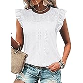 Dokotoo Womens Summer Knit Tops 2025 Hollow Out Crewneck Cute Ruffle Short Sleeve Womens T Shirts Blouses