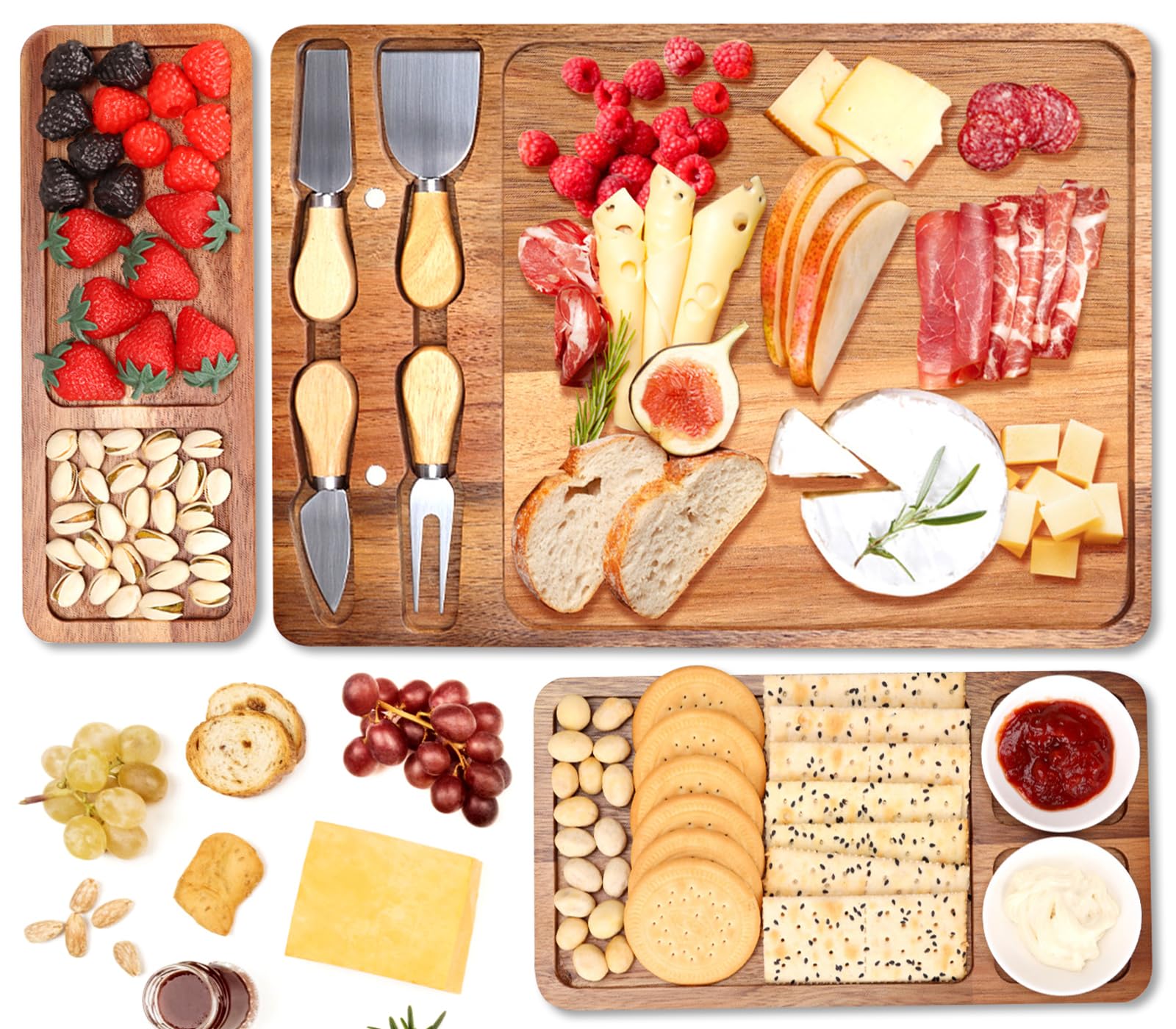 Photo 1 of ***FACTORY SEALED***9 PCS Acacia Wood Cheese Board and Knife Set Large Charcuterie Platter Meat Cheese and Cracker Tray Vegetarian Fruit Snack Boards Food Serving Tray Grazing Board Magnetic Charcuterie Boards Gift Set