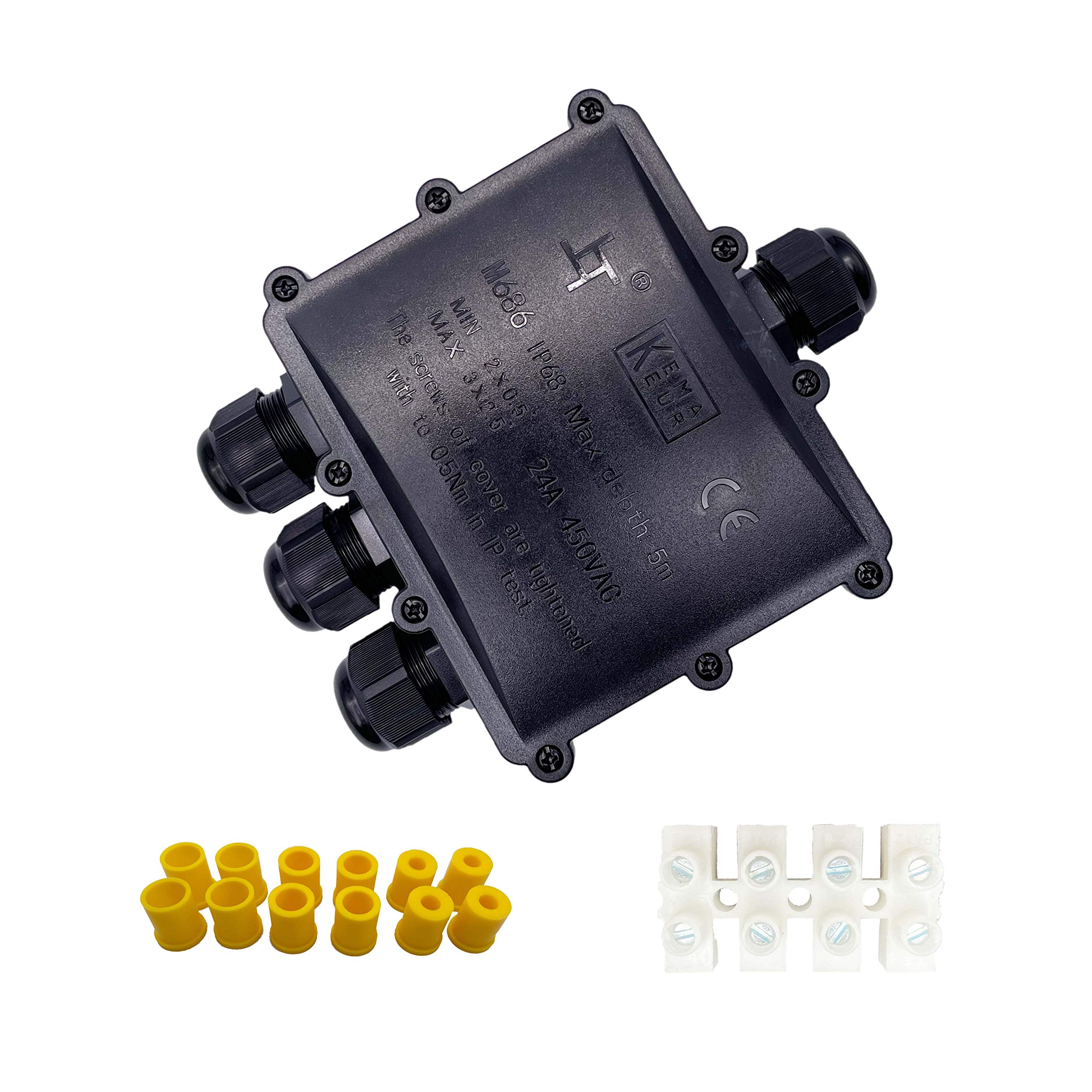 KJH-T Waterproof Junction Box,IP68 Outdoor Cable Connectors with M25 Gland Wire Connector, External Electrical Inline Junction Box for 4-15mm Diameter Cable (4-Way)